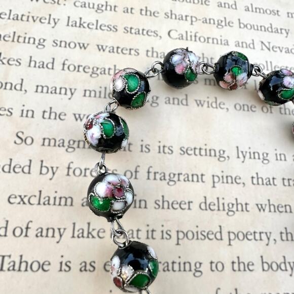 Cloisonné Chaplet Rosary Black Enamel Prayer Beads Cross Pink Floral Bracelet - Picture 2 of 4